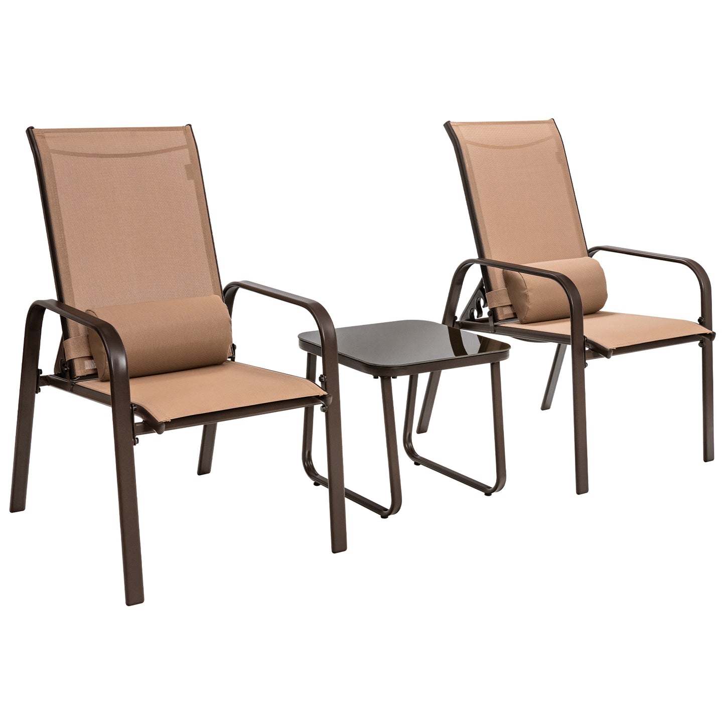 Patiojoy 3PCS Patio Adjustable Back Stackable Chairs Side Table Set Bistro Set Classic Furniture Chair Set for Garden Black/Brown/Grey