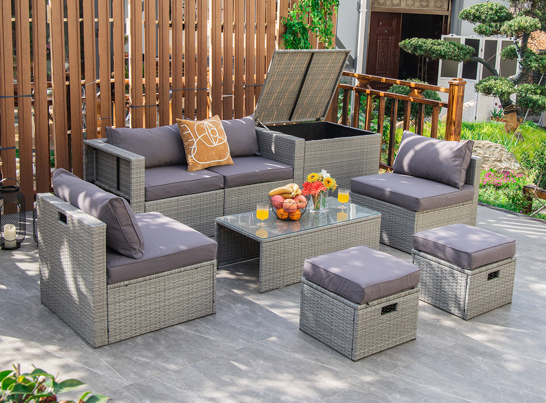 Patiojoy 8 Pieces All-Weather PE Rattan Patio Furniture Set Outdoor Space-Saving Sectional Sofa Set with Storage Box Black/Off White/Navy/Red/Grey