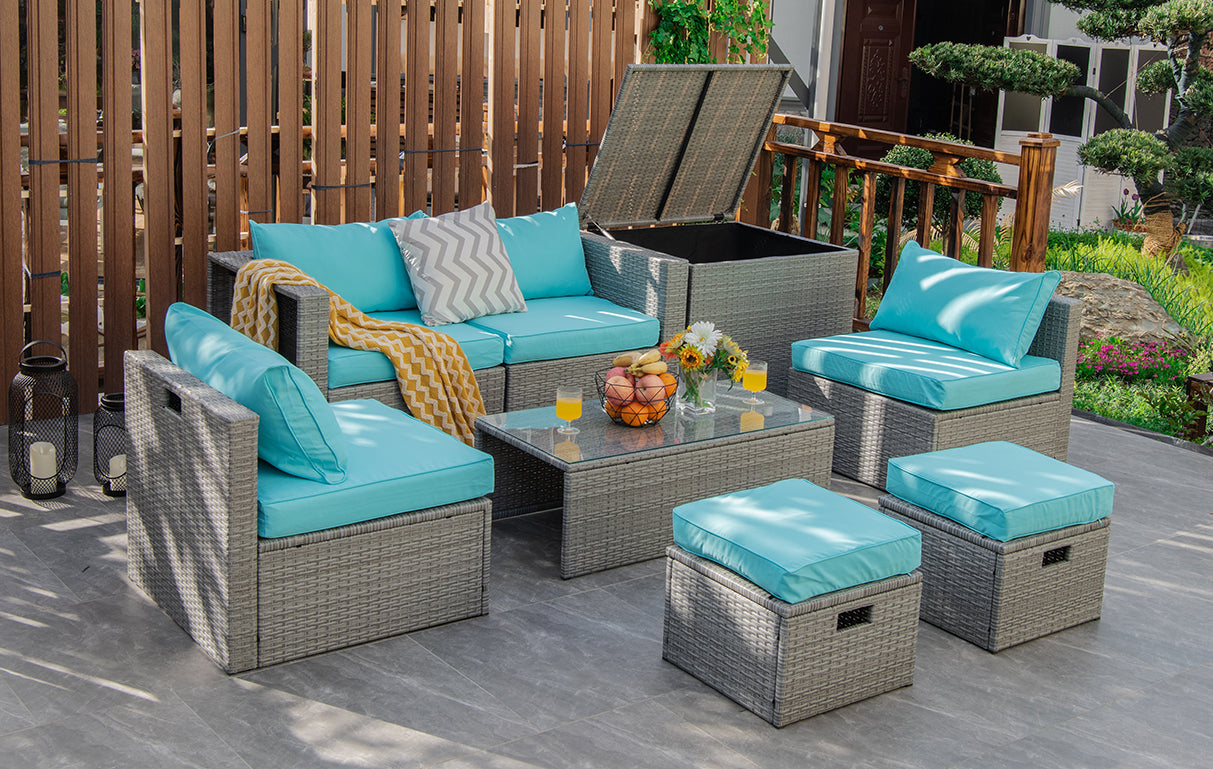 Patiojoy 8 Pieces All-Weather PE Rattan Patio Furniture Set Outdoor Space-Saving Sectional Sofa Set with Storage Box Black/Off White/Navy/Red/Grey