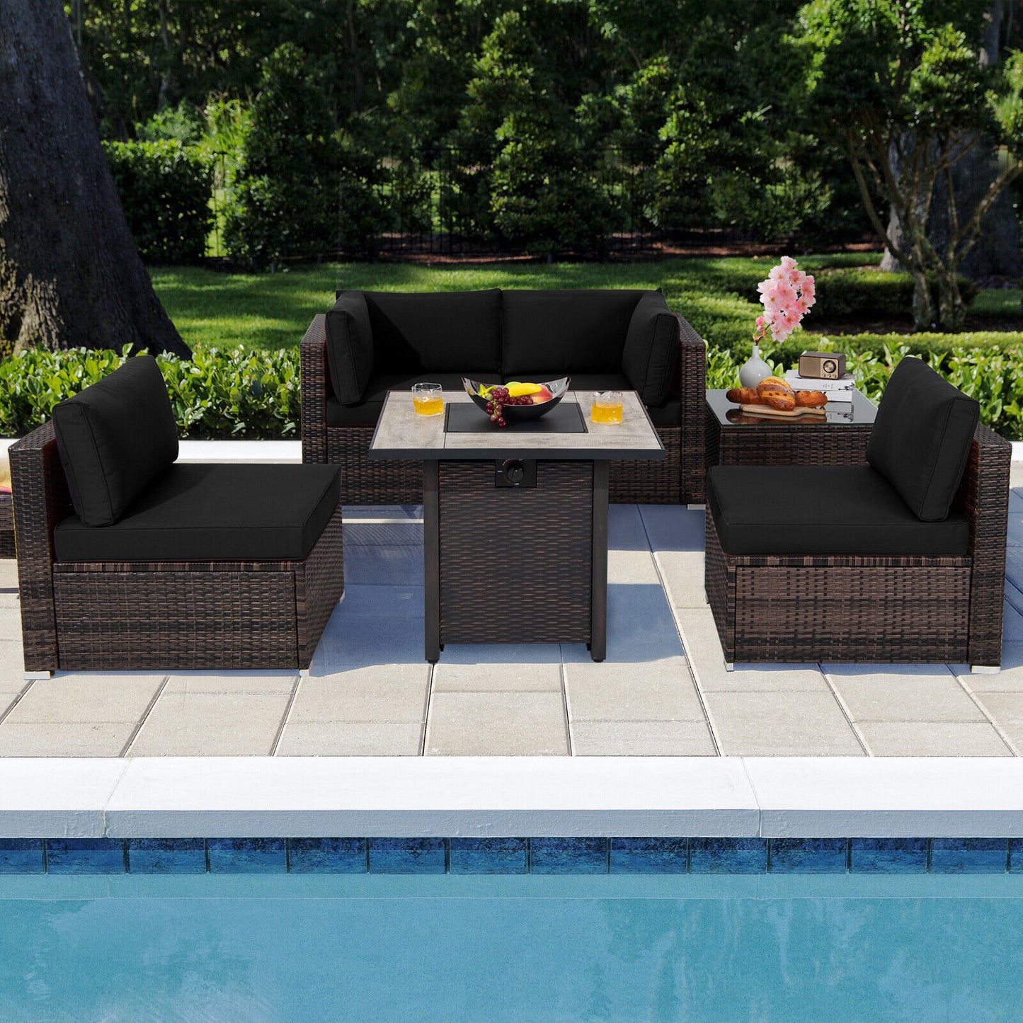 Patiojoy 6 PCS Patio Wicker Furniture Set With 30'' Gas Fire Pit Table 50,000 BTU Black/Red/Turquoise/Navy/White Cushions