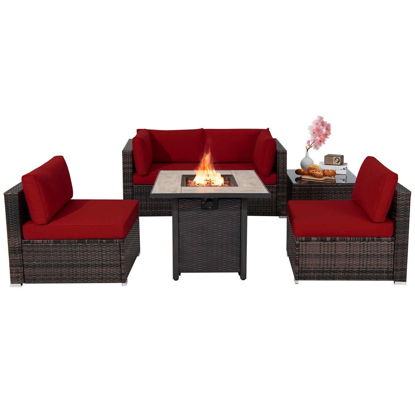 Patiojoy 6 PCS Patio Wicker Furniture Set With 30'' Gas Fire Pit Table 50,000 BTU Black/Red/Turquoise/Navy/White Cushions