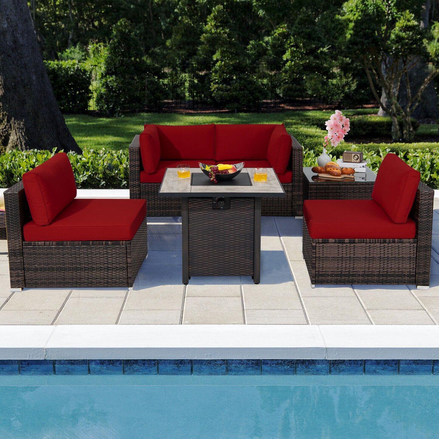 Patiojoy 6 PCS Patio Wicker Furniture Set With 30'' Gas Fire Pit Table 50,000 BTU Black/Red/Turquoise/Navy/White Cushions