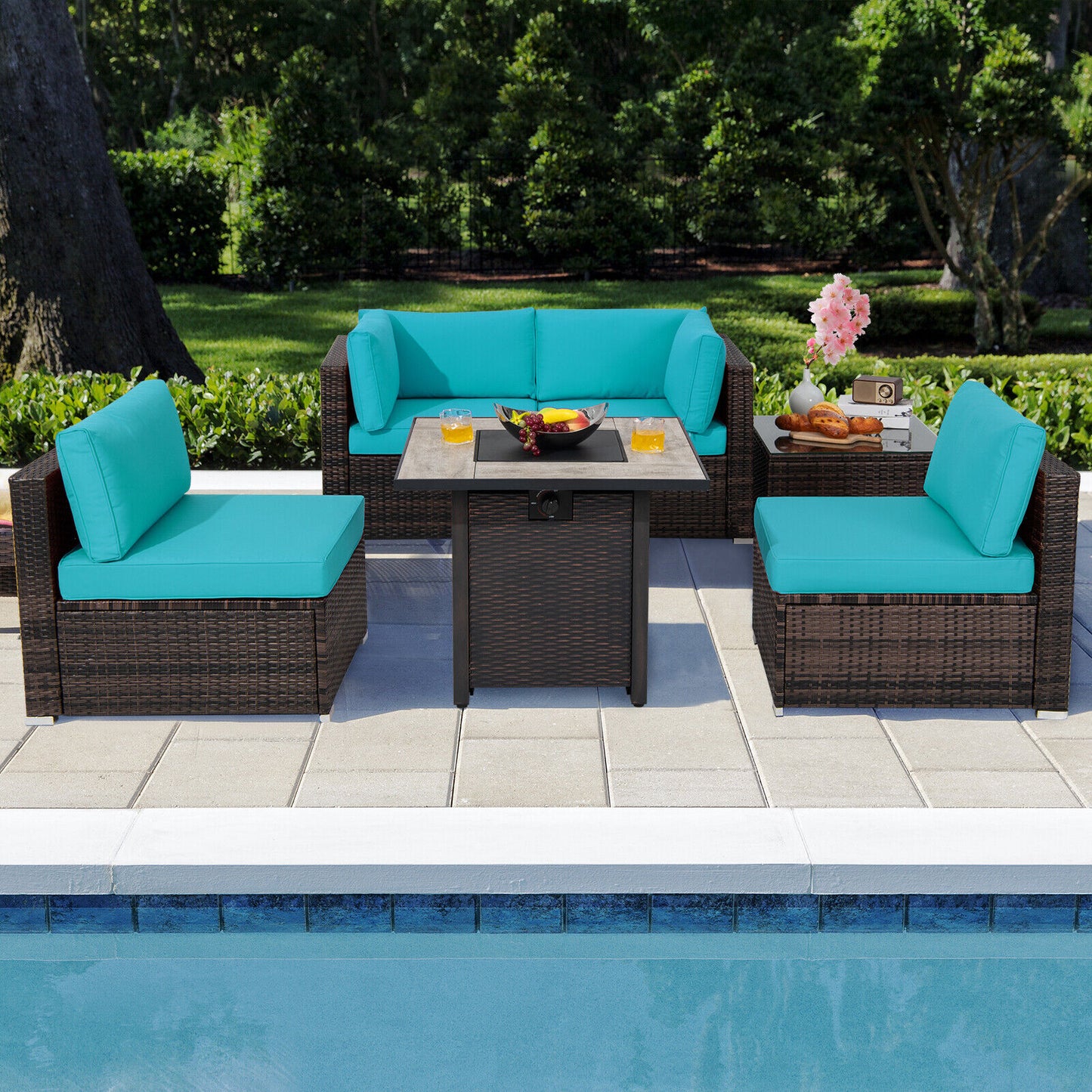 Patiojoy 6 PCS Patio Wicker Furniture Set With 30'' Gas Fire Pit Table 50,000 BTU Black/Red/Turquoise/Navy/White Cushions