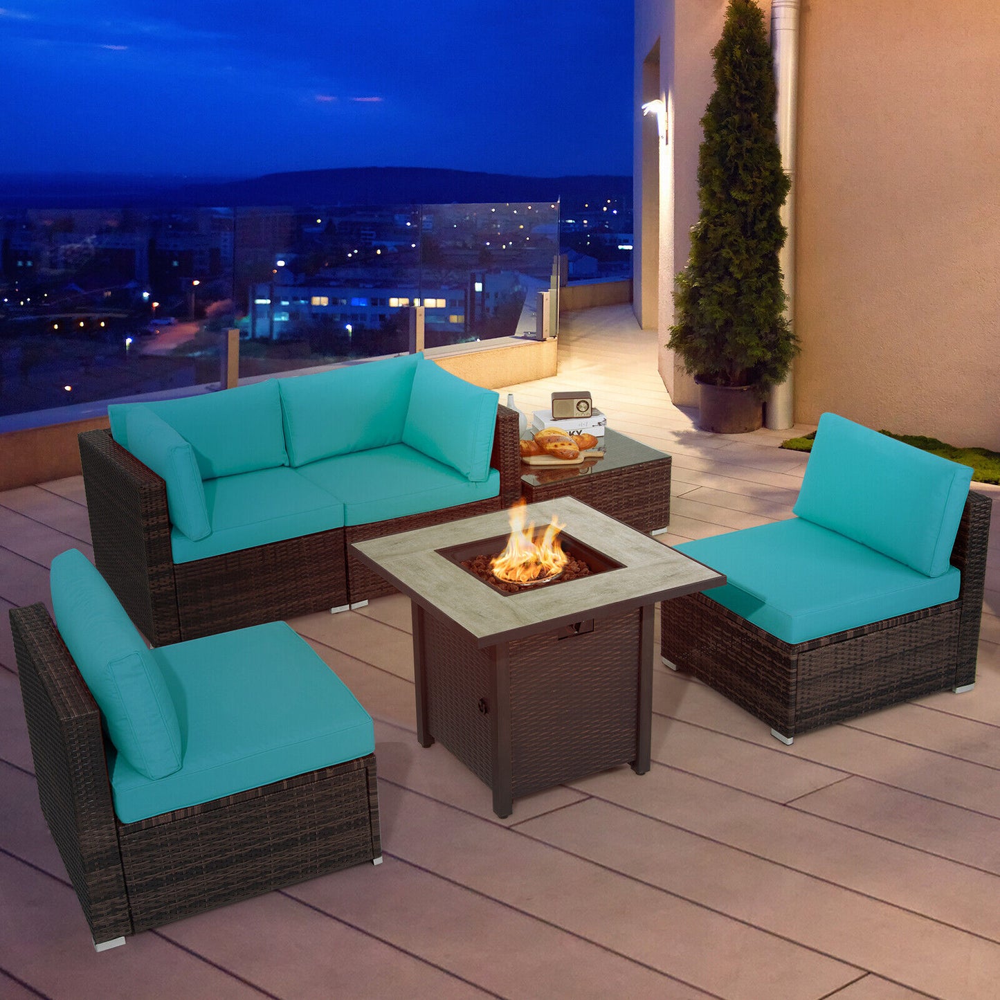 Patiojoy 6 PCS Patio Wicker Furniture Set With 30'' Gas Fire Pit Table 50,000 BTU Black/Red/Turquoise/Navy/White Cushions