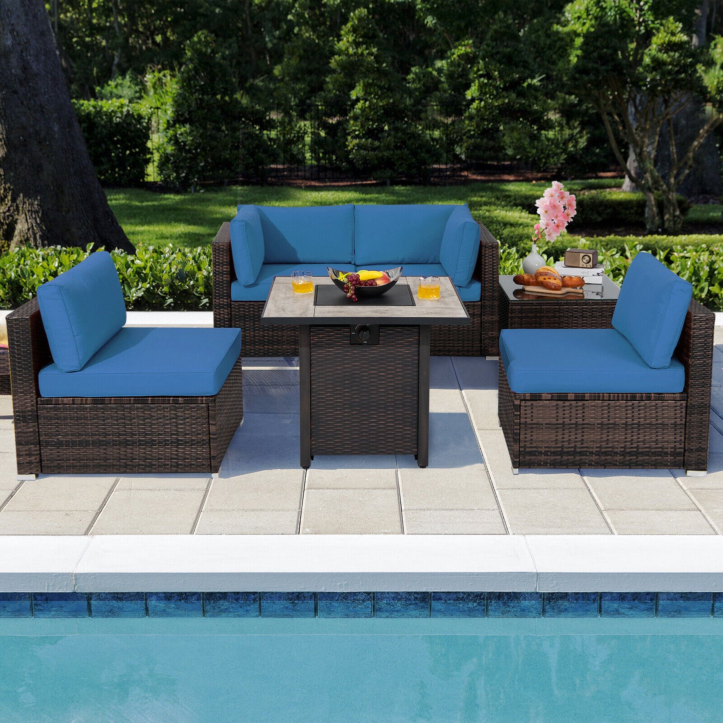 Patiojoy 6 PCS Patio Wicker Furniture Set With 30'' Gas Fire Pit Table 50,000 BTU Black/Red/Turquoise/Navy/White Cushions