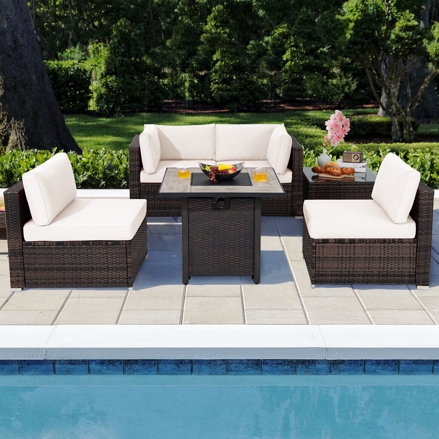 Patiojoy 6 PCS Patio Wicker Furniture Set With 30'' Gas Fire Pit Table 50,000 BTU Black/Red/Turquoise/Navy/White Cushions