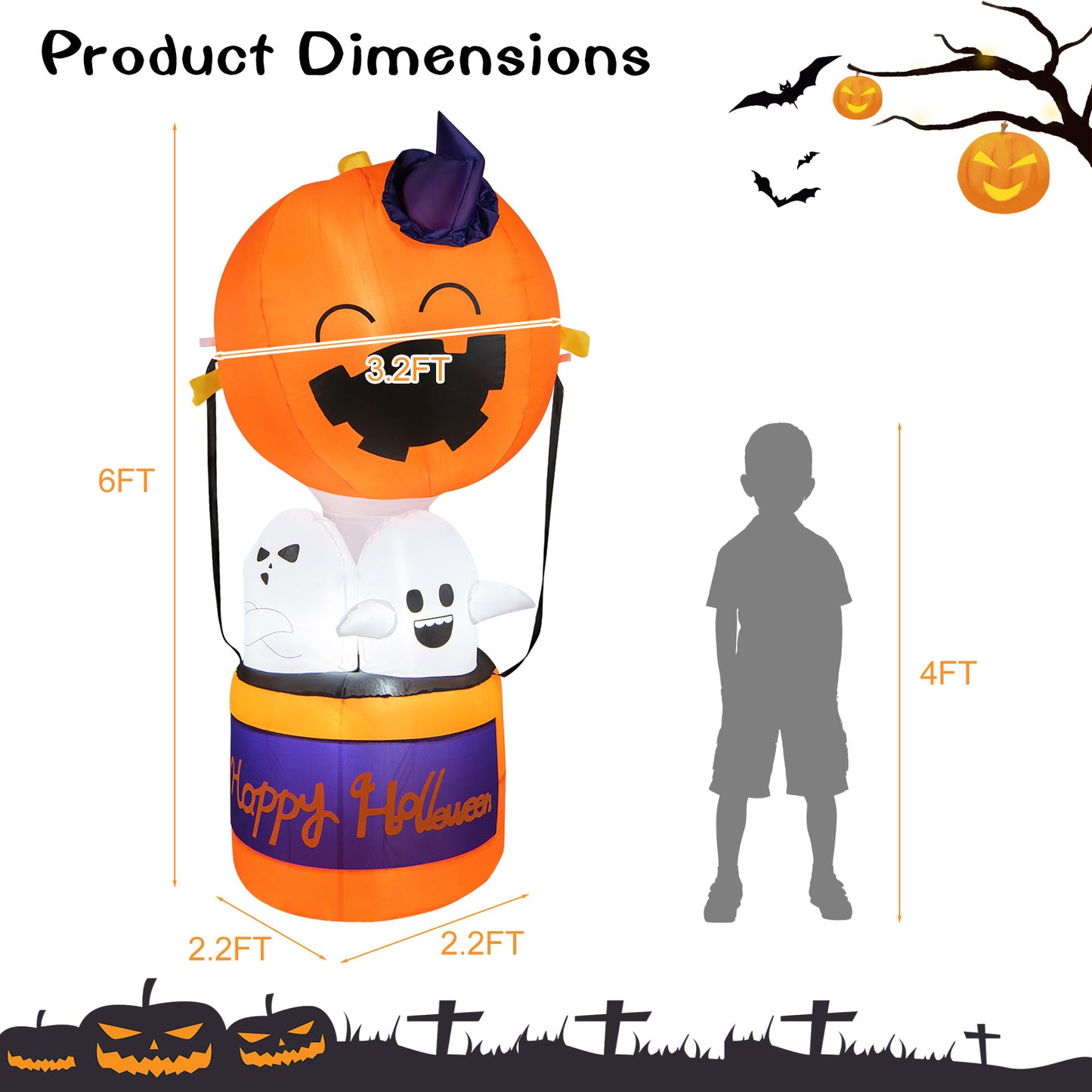 Topbuy 6FT Halloween Inflatable Decoration Inflatable Pumpkin Hot Air Balloon with Ghosts Bright LED Lights Waterproof Air Blower 2 Sandbags