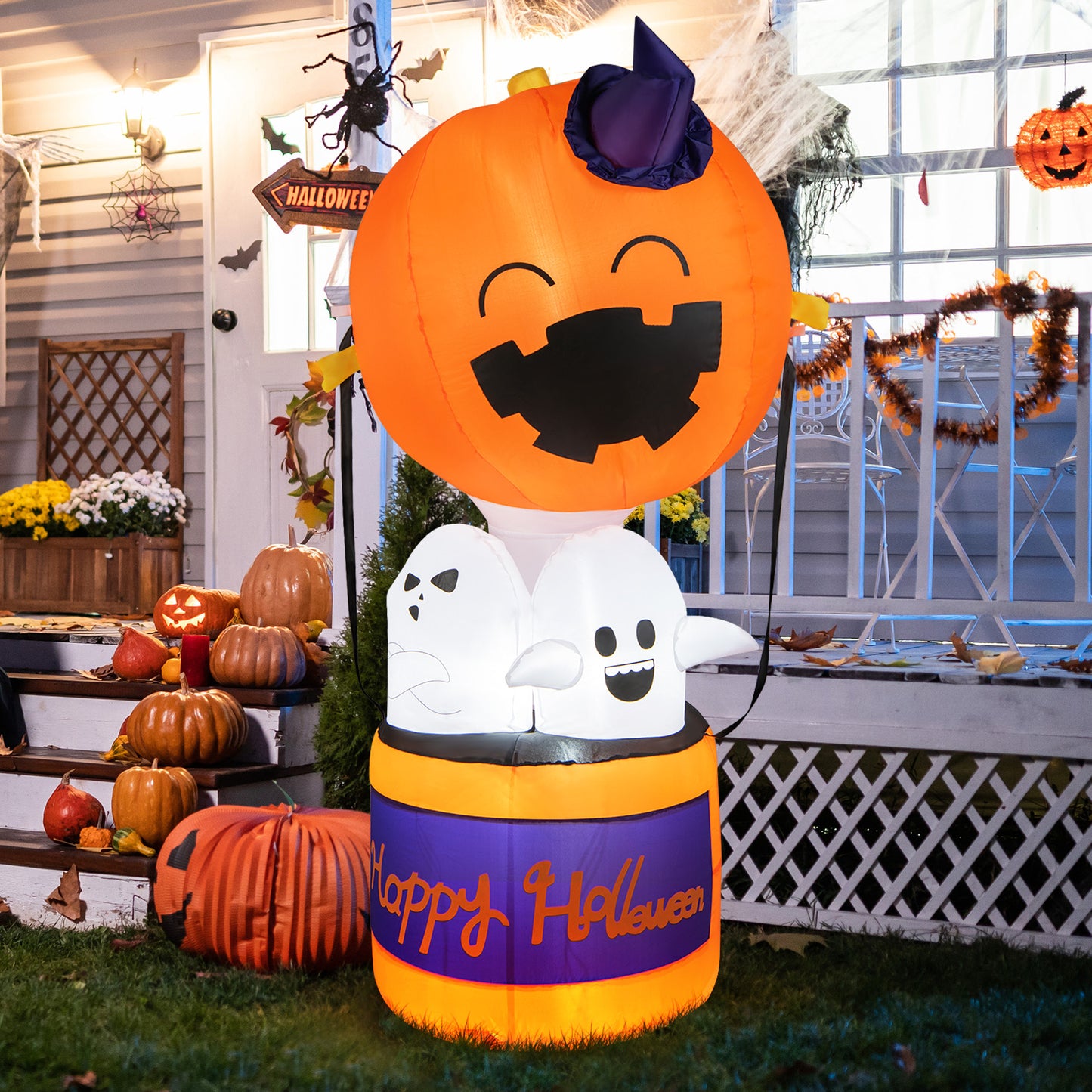 Topbuy 6FT Halloween Inflatable Decoration Inflatable Pumpkin Hot Air Balloon with Ghosts Bright LED Lights Waterproof Air Blower 2 Sandbags