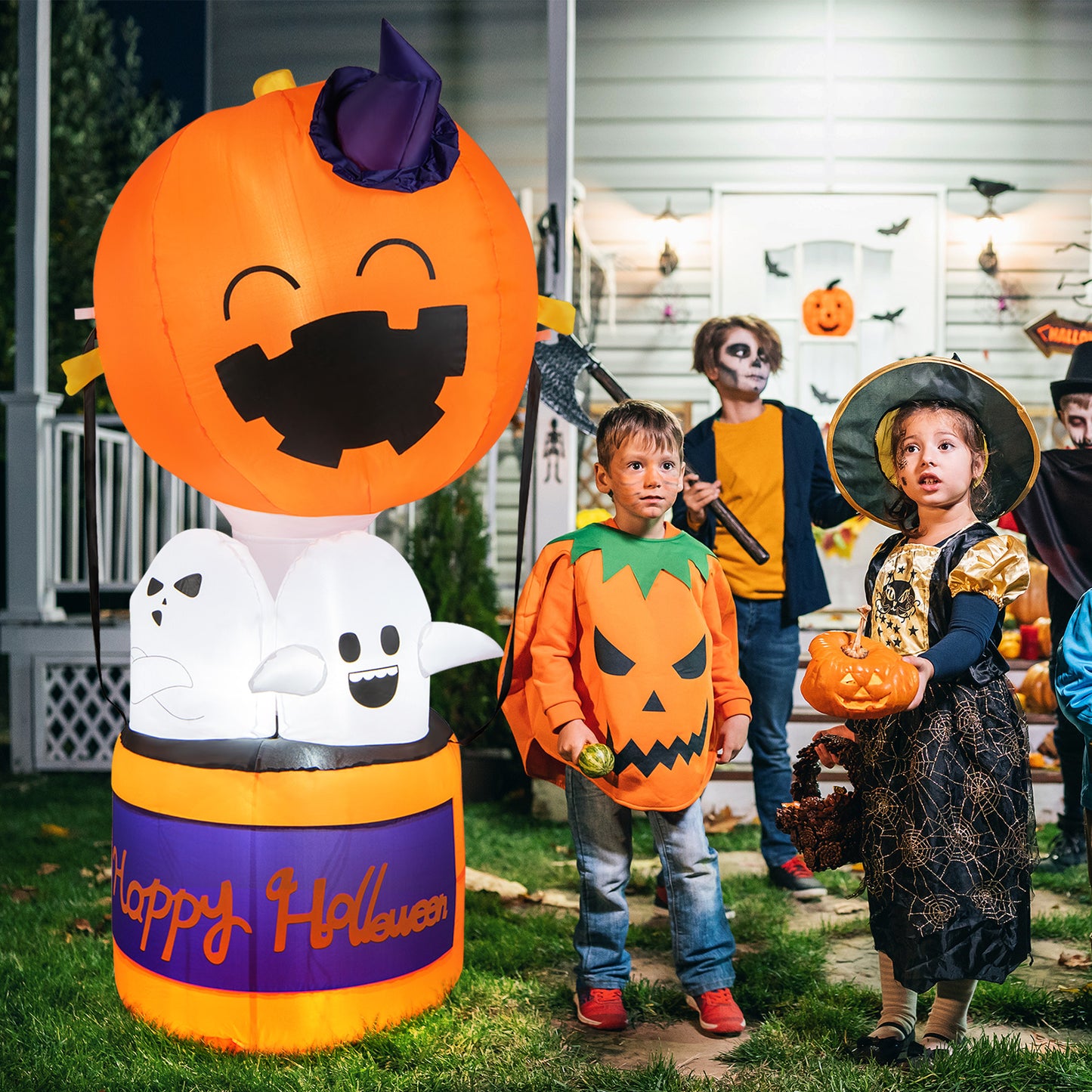 Topbuy 6FT Halloween Inflatable Decoration Inflatable Pumpkin Hot Air Balloon with Ghosts Bright LED Lights Waterproof Air Blower 2 Sandbags