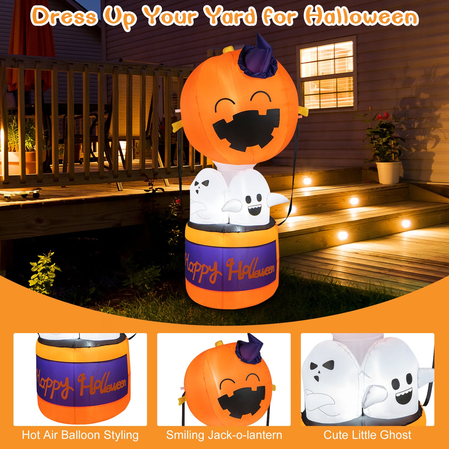 Topbuy 6FT Halloween Inflatable Decoration Inflatable Pumpkin Hot Air Balloon with Ghosts Bright LED Lights Waterproof Air Blower 2 Sandbags