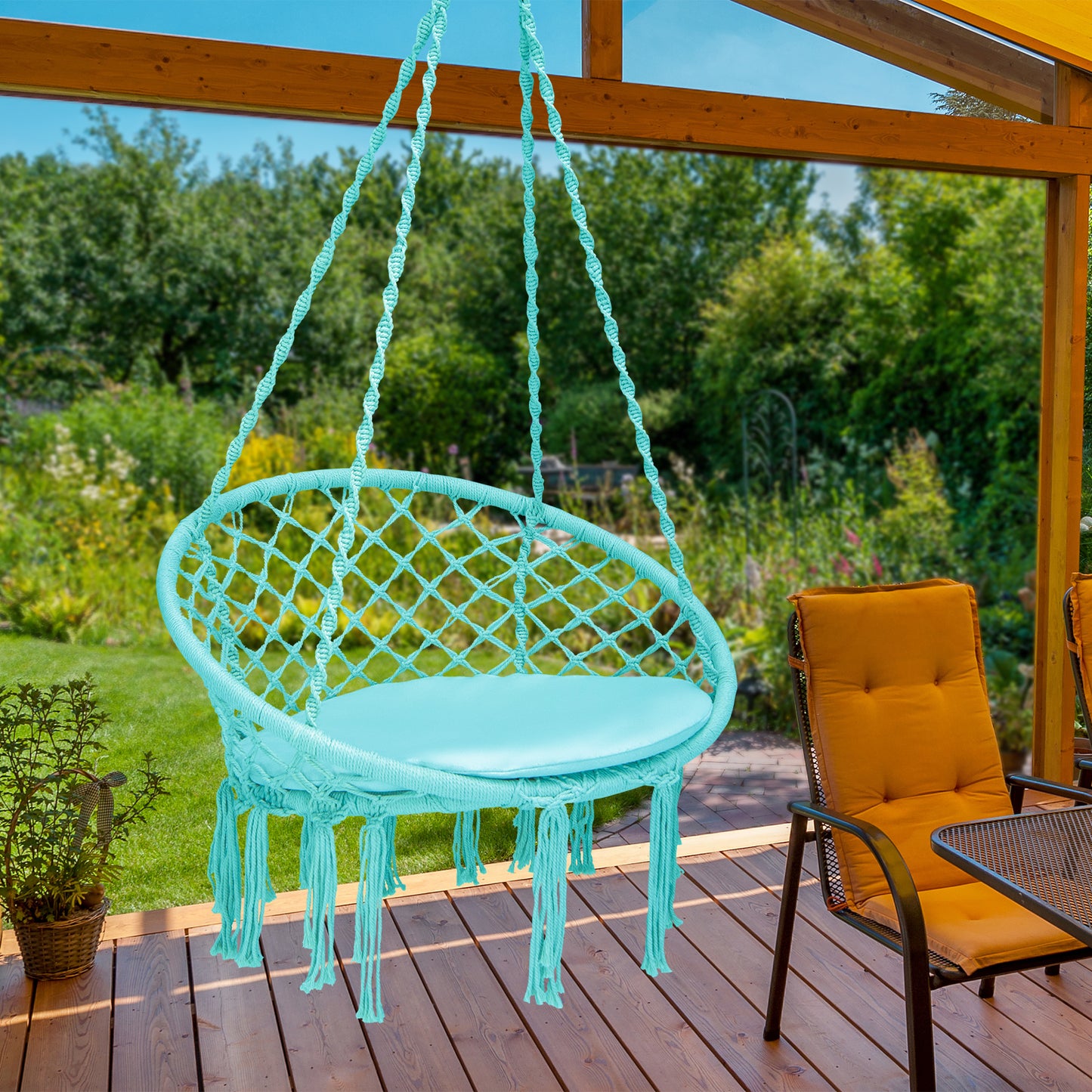 Patiojoy Hanging Hammock Chair Macrame Swing Chair with Soft Cushion for Bedroom Patio Backyard Balcony Beige/Black/Turquoise