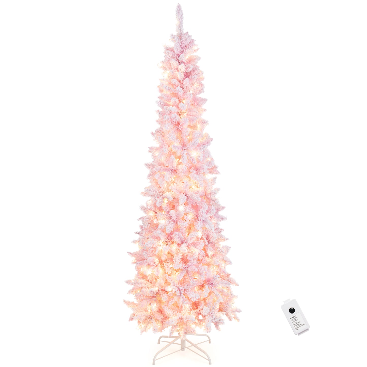 Topbuy 7FT Snow Flocked Christmas Tree, Pink Pencil Christmas Tree w/300 LED Lights & 8 Lighting Modes for Festival & Party Decoration