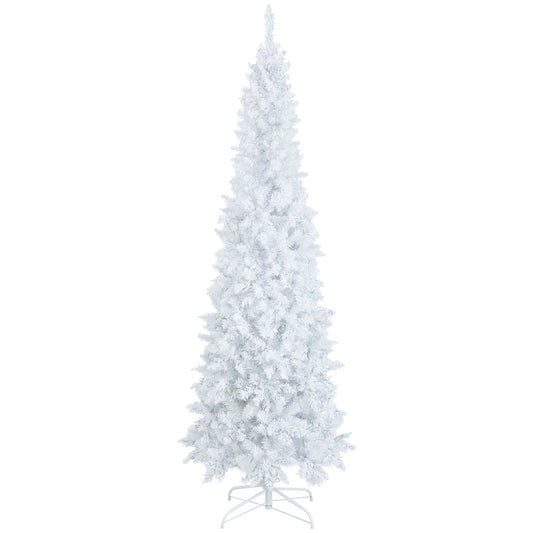 Topbuy 7 FT Pencil Pre-lit Christmas Tree, White Artificial Christmas Tree w/300 LED Lights & 8 Lighting Modes for Festival Decoration