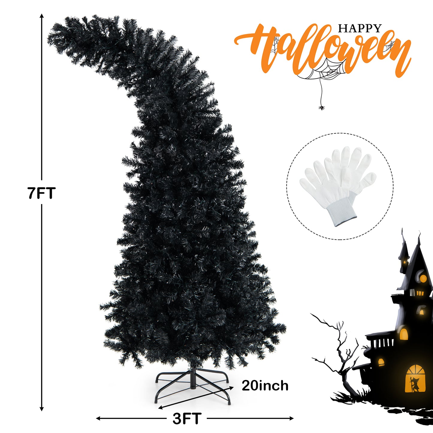 Topbuy 7FT Pre-lit Exotic Halloween Tree, Artificial Black Hinged Tree w/400 LED Lights & 8 Lighting Modes, Seasonal Holiday Tree for Halloween & Christmas Decoration