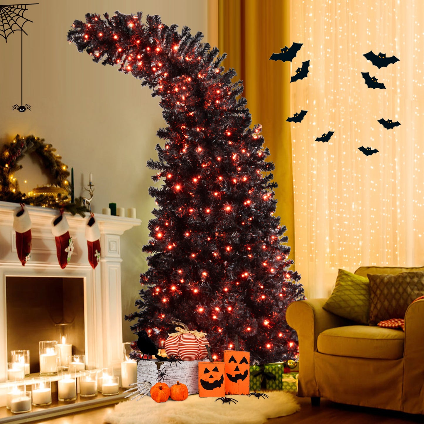 Topbuy 7FT Pre-lit Exotic Halloween Tree, Artificial Black Hinged Tree w/400 LED Lights & 8 Lighting Modes, Seasonal Holiday Tree for Halloween & Christmas Decoration