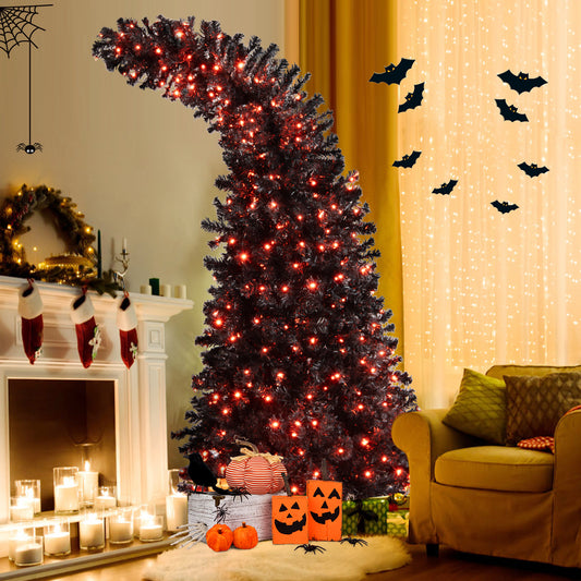 Topbuy 7FT Pre-lit Exotic Halloween Tree, Artificial Black Hinged Tree w/400 LED Lights & 8 Lighting Modes, Seasonal Holiday Tree for Halloween & Christmas Decoration