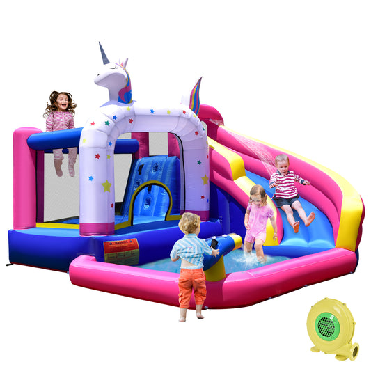 Topbuy Inflatable Water Slide Unicorn Themed Kids Bounce House w/ Slide Trampoline Climbing Wall Splash Pool Water Cannon Outdoor Giant Water Park w/ Accessories with 480W Blower