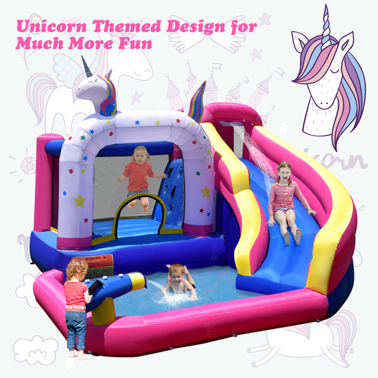 Topbuy Inflatable Water Slide Unicorn Themed Kids Bounce House w/ Slide Trampoline Climbing Wall Splash Pool Water Cannon Outdoor Giant Water Park w/ Accessories with 480W Blower