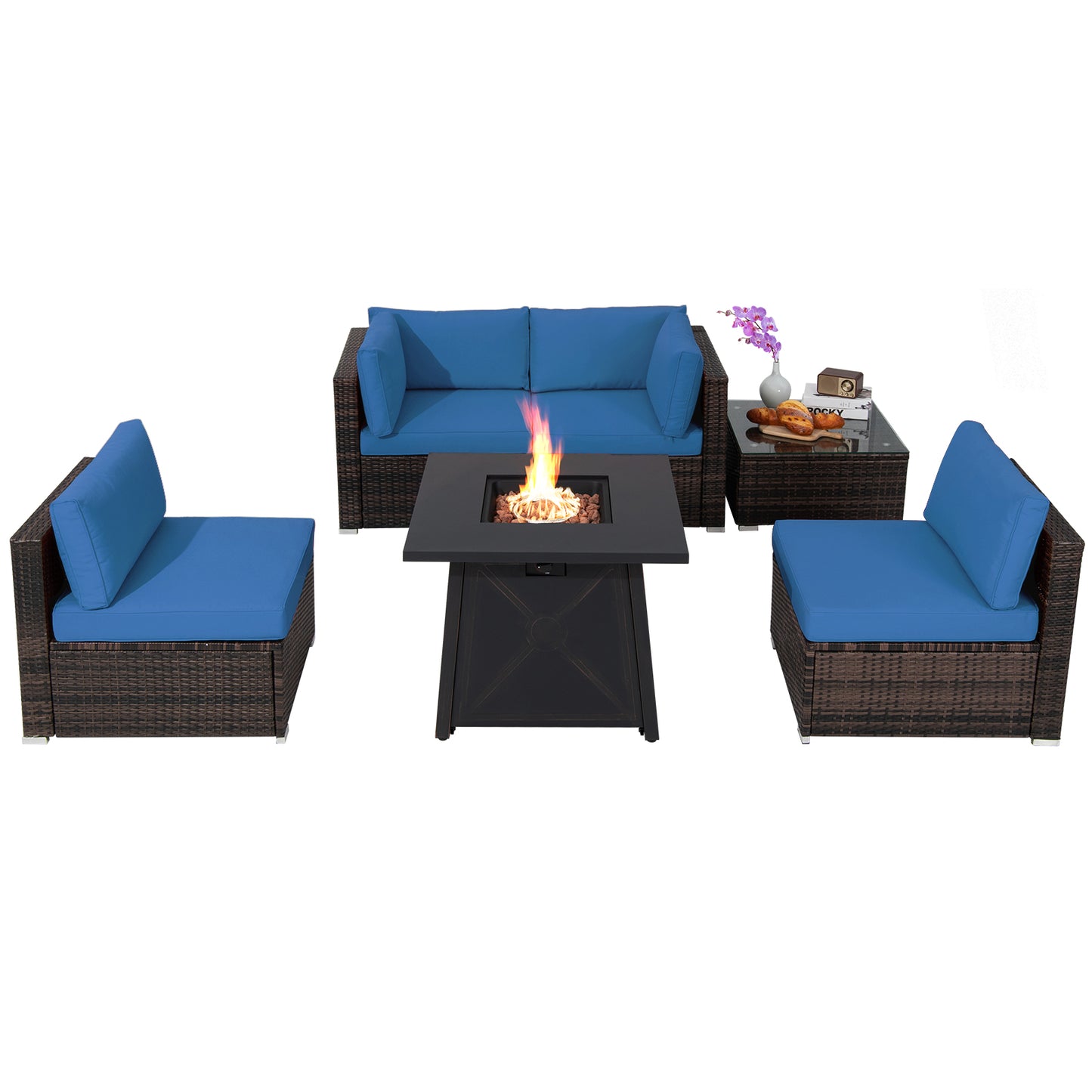 Topbuy 6-Piece Patio Furniture Set with 30'' Propane Fire Pit Table Outdoor PE Wicker Conversation Set with Cushions and Tempered Glass Coffee Table Black/Blue/Red/Turquoise/Off White