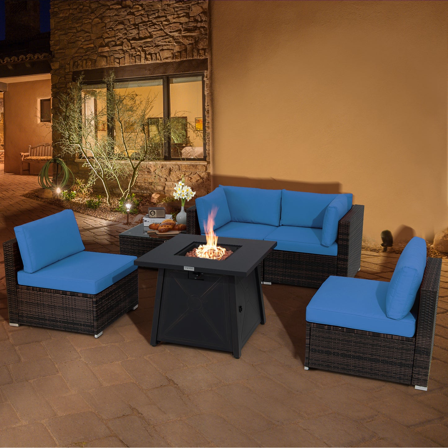 Topbuy 6-Piece Patio Furniture Set with 30'' Propane Fire Pit Table Outdoor PE Wicker Conversation Set with Cushions and Tempered Glass Coffee Table Black/Blue/Red/Turquoise/Off White