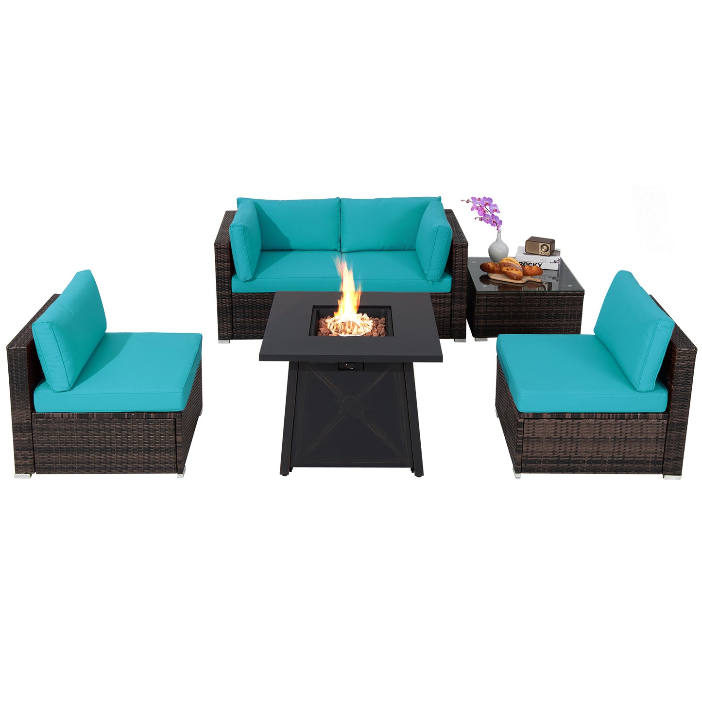 Topbuy 6-Piece Patio Furniture Set with 30'' Propane Fire Pit Table Outdoor PE Wicker Conversation Set with Cushions and Tempered Glass Coffee Table Black/Blue/Red/Turquoise/Off White