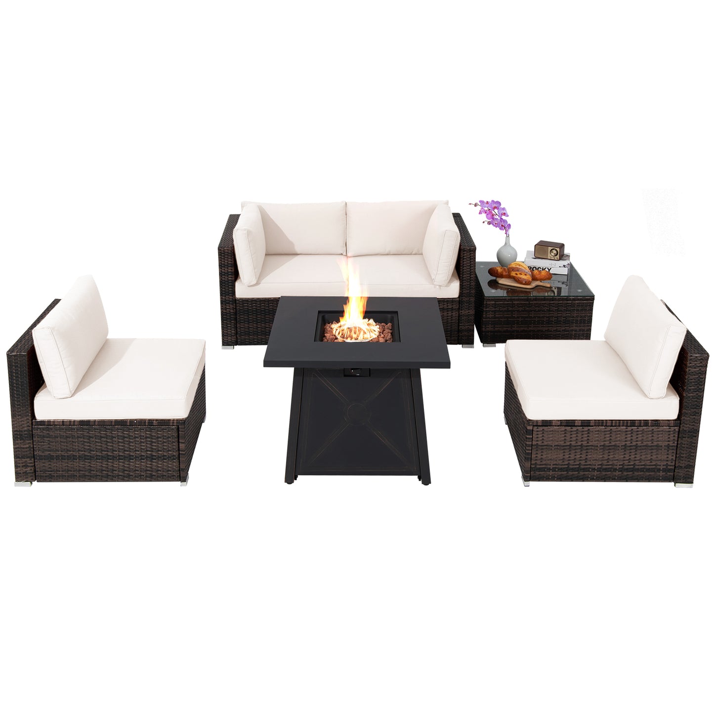 Topbuy 6-Piece Patio Furniture Set with 30'' Propane Fire Pit Table Outdoor PE Wicker Conversation Set with Cushions and Tempered Glass Coffee Table Black/Blue/Red/Turquoise/Off White