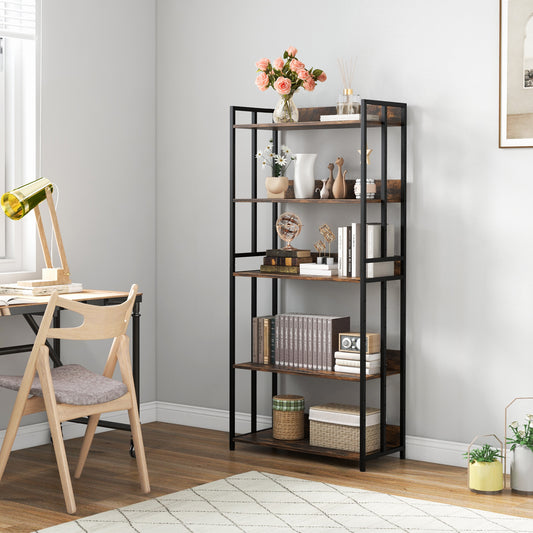 Topbuy 5-Tier Bookshelf Convertible Bookcase with Anti-Tipping Kits & Metal Frame Storage Ladder Shelf for Book