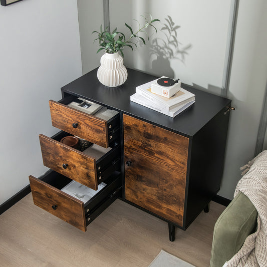 Topbuy Storage Cabinet with 3 Drawers and Door Cabinet Industrial Wood Accent Cabinet with Adjustable Shelf