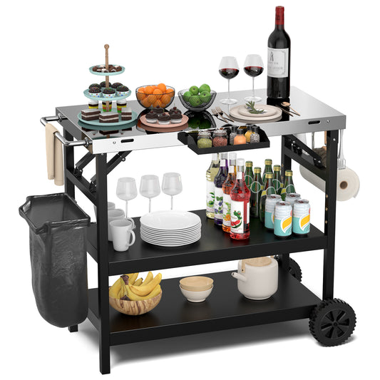 Topbuy Outdoor Food Prep Cart Table 3-tier Mobile Serving Trolley with Adjustable Shelf Phone Stand Spice Rack Towel Rack Garage Rack