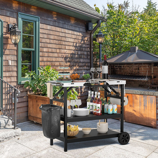 Topbuy Outdoor Food Prep Cart Table 3-tier Mobile Serving Trolley with Adjustable Shelf Phone Stand Spice Rack Towel Rack Garage Rack