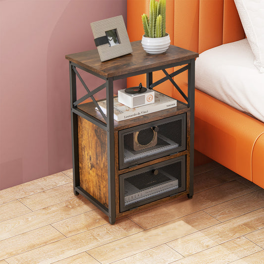 Topbuy Versatile Nightstands Set of 2 Side Table w/Storage Shelf 2 Flip Drawers Sturdy Metal Frame Vintage End Table