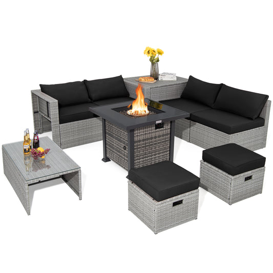 Topbuy 9 Pieces Outdoor Patio Furniture Set with 32-Inch Propane Fire Pit Table Outdoor PE Wicker Space-Saving Sectional Sofa Set with Storage Box and Cushions Black/Gray/Navy/Red/Turquoise/Off White