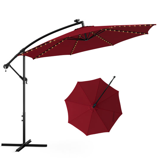 Topbuy 10FT Solar Offset Umbrella Tilted Cantilever Hanging Umbrella with 112 LED Lights Lighted Patio Sun Shade with Crank Handle Wine/Navy/Coffee/Beige