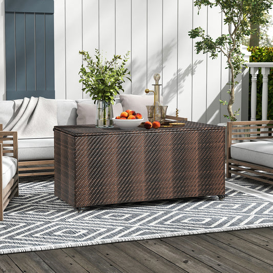 Topbuy 96 Gallon Outdoor Storage Box PE Wicker Deck Box with 4 Wheels & Waterproof Liner Patio Rattan Storage Container Mix Brown/Grey