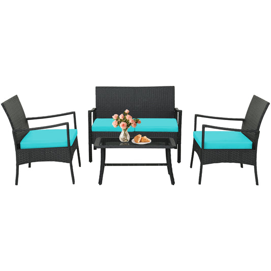 Topbuy 4PCS/8PCS Patio Wicker Furniture Set PE Wicker Furniture Conversation Set Rattan Sofa Chair with Cushions Tempered Glass Coffee Table