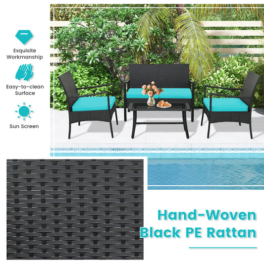 Topbuy 4PCS/8PCS Patio Wicker Furniture Set PE Wicker Furniture Conversation Set Rattan Sofa Chair with Cushions Tempered Glass Coffee Table