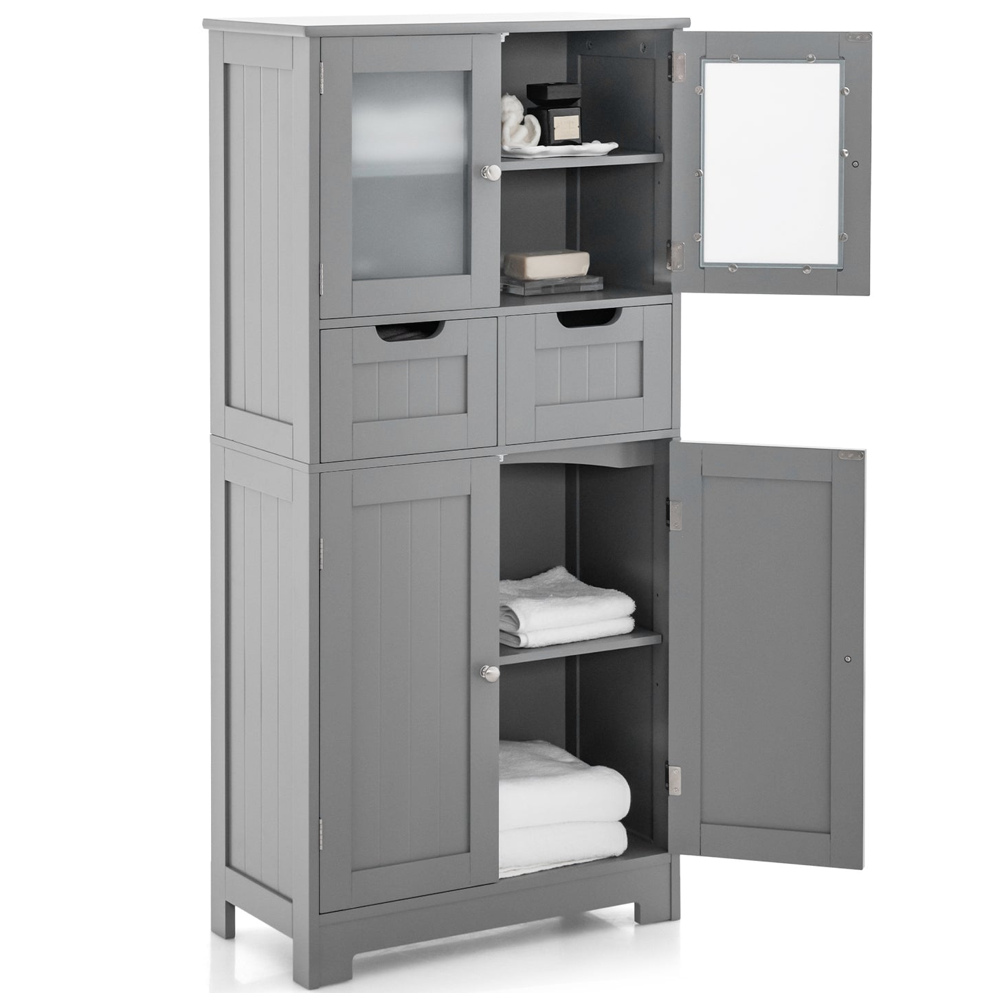 Topbuy Tall Bathroom Storage Cabinet Freestanding Floor Cabinet w/2 Double Door Cabinet& 2 Drawers 3-position Adjustable Shelves