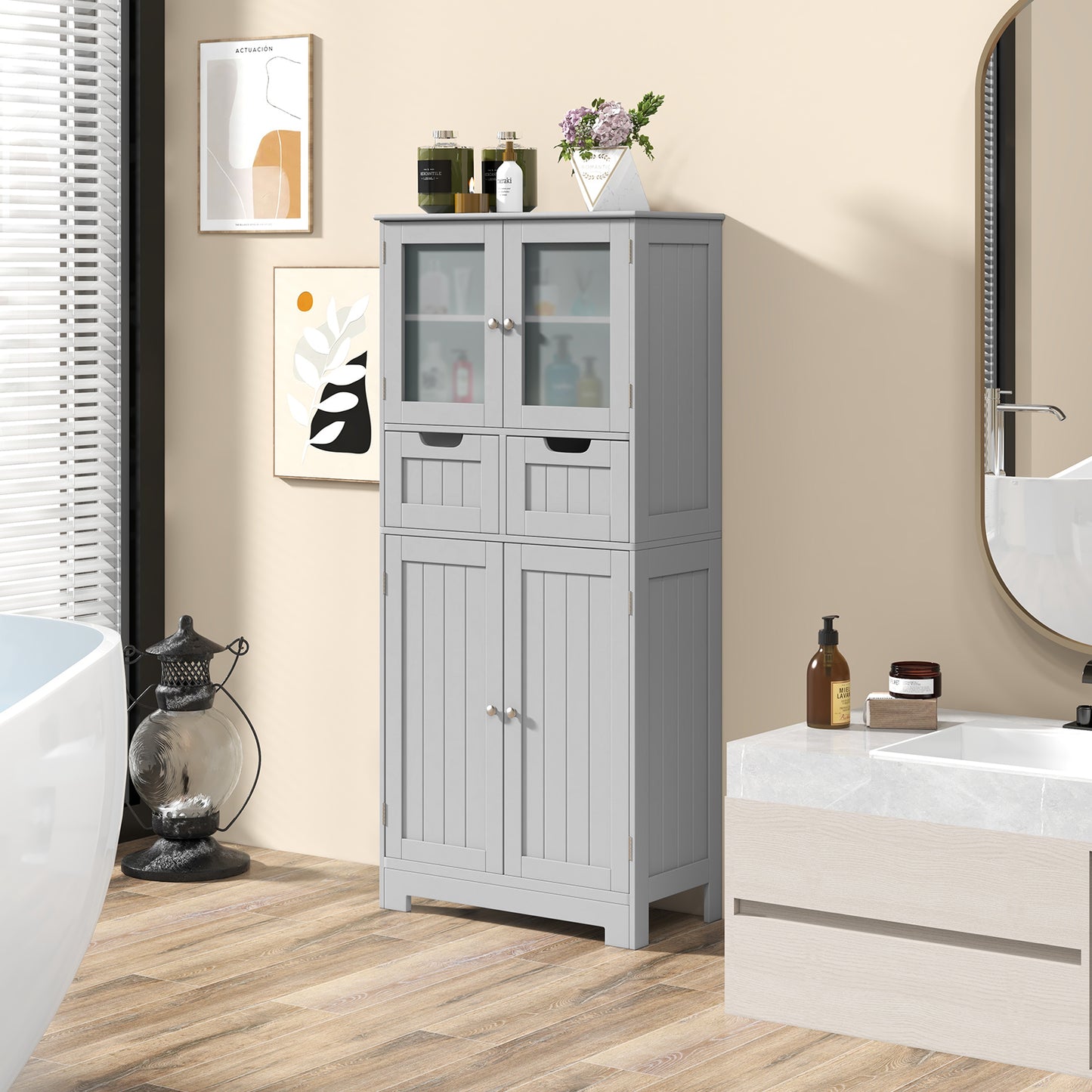 Topbuy Tall Bathroom Storage Cabinet Freestanding Floor Cabinet w/2 Double Door Cabinet& 2 Drawers 3-position Adjustable Shelves