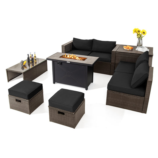 Topbuy 9 Pieces Outdoor Patio Furniture Set with 42'' Propane Fire Pit Table Outdoor PE Wicker Space-Saving Sectional Sofa Set Black/Gray/Navy/Red/Turquoise/Off White