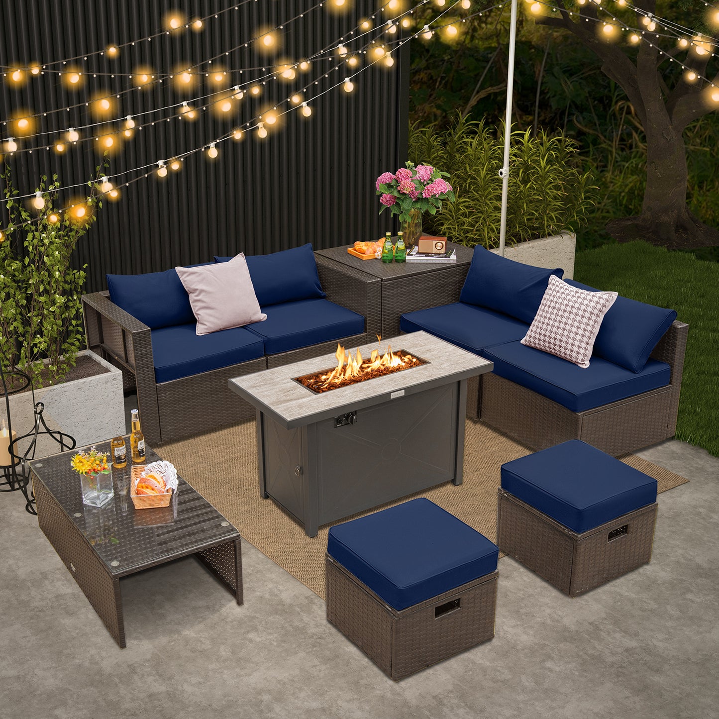 Topbuy 9 Pieces Outdoor Patio Furniture Set with 42'' Propane Fire Pit Table Outdoor PE Wicker Space-Saving Sectional Sofa Set Black/Gray/Navy/Red/Turquoise/Off White