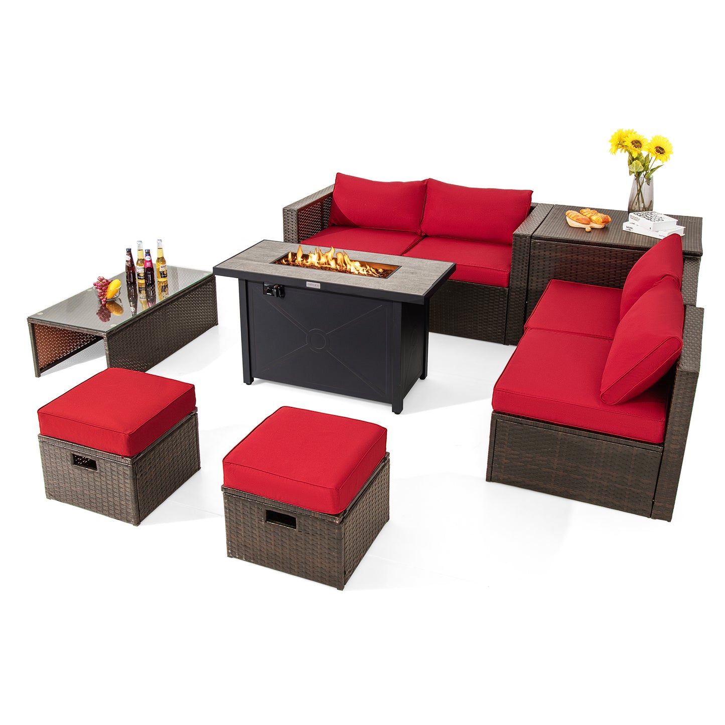 Topbuy 9 Pieces Outdoor Patio Furniture Set with 42'' Propane Fire Pit Table Outdoor PE Wicker Space-Saving Sectional Sofa Set Black/Gray/Navy/Red/Turquoise/Off White