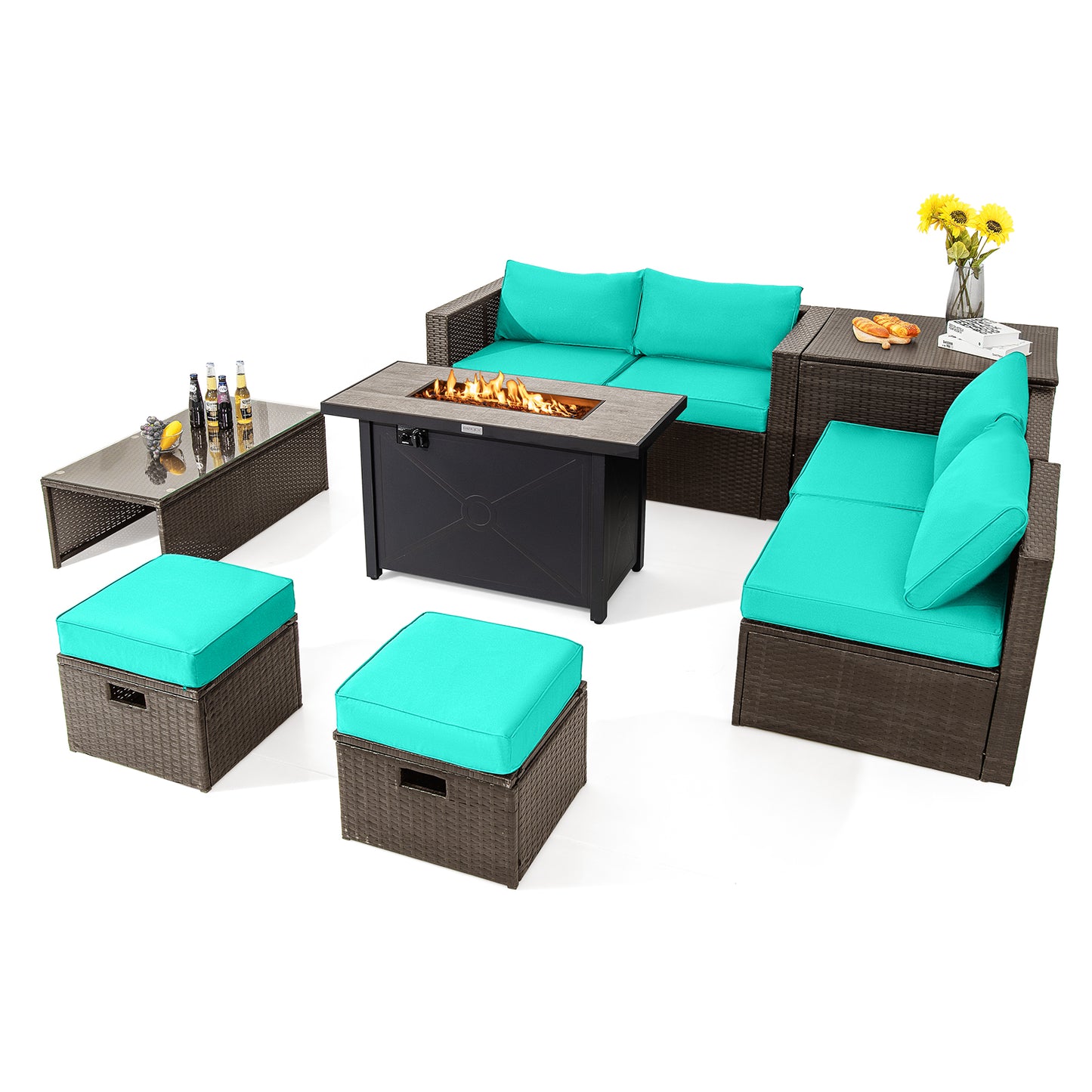 Topbuy 9 Pieces Outdoor Patio Furniture Set with 42'' Propane Fire Pit Table Outdoor PE Wicker Space-Saving Sectional Sofa Set Black/Gray/Navy/Red/Turquoise/Off White