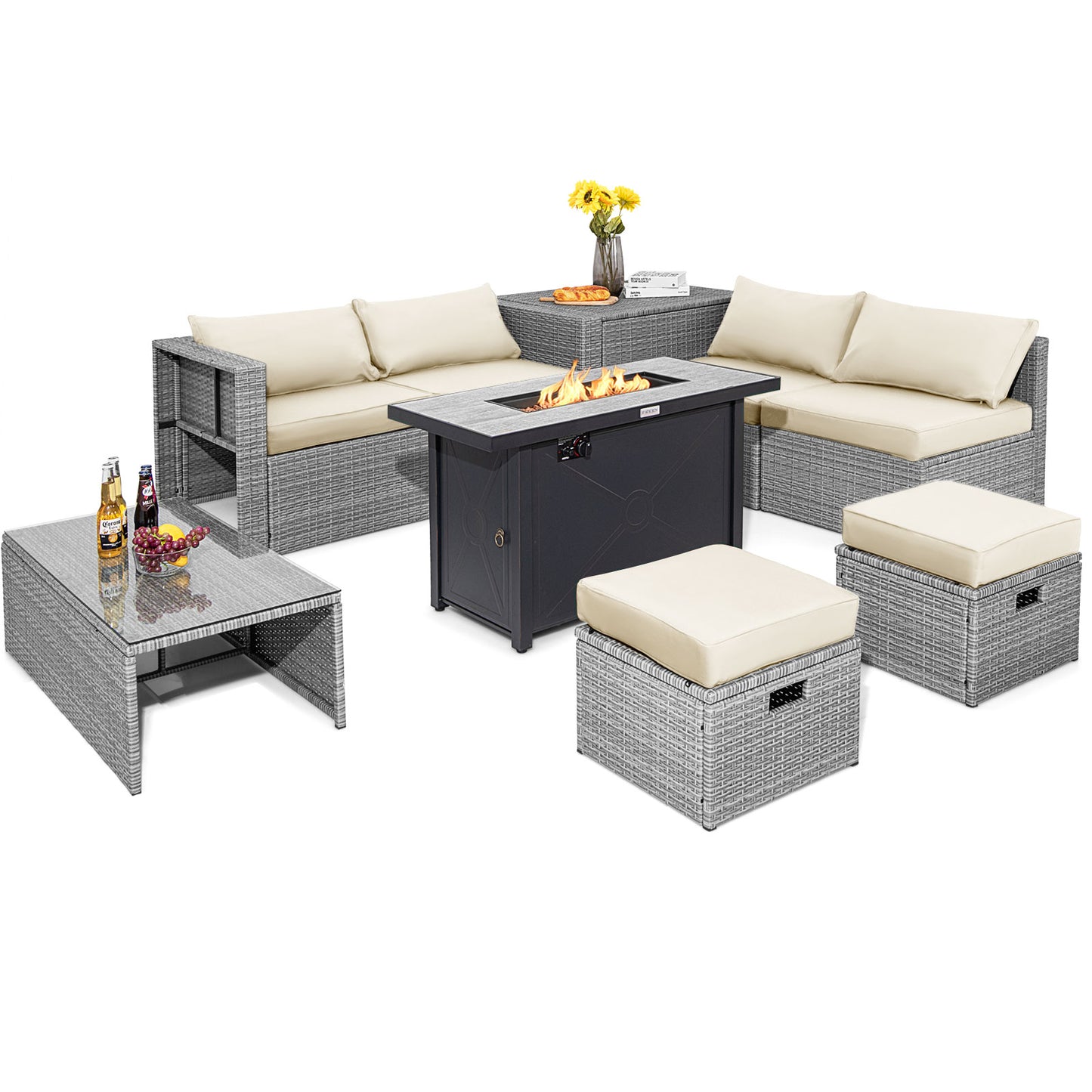 Topbuy 9 PCS Patio Furniture Set with 42'' 60,000 BTU Fire Pit Outdoor Space-Saving Sectional Sofa Set with Storage Box Off White/Turquoise/Red/Navy/Grey/Black