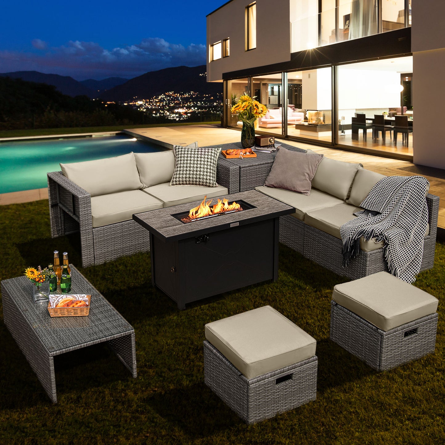 Topbuy 9 PCS Patio Furniture Set with 42'' 60,000 BTU Fire Pit Outdoor Space-Saving Sectional Sofa Set with Storage Box Off White/Turquoise/Red/Navy/Grey/Black