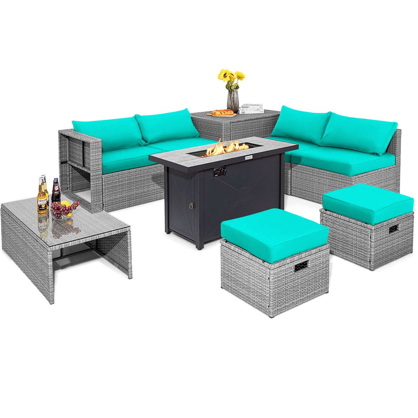 Topbuy 9 PCS Patio Furniture Set with 42'' 60,000 BTU Fire Pit Outdoor Space-Saving Sectional Sofa Set with Storage Box Off White/Turquoise/Red/Navy/Grey/Black