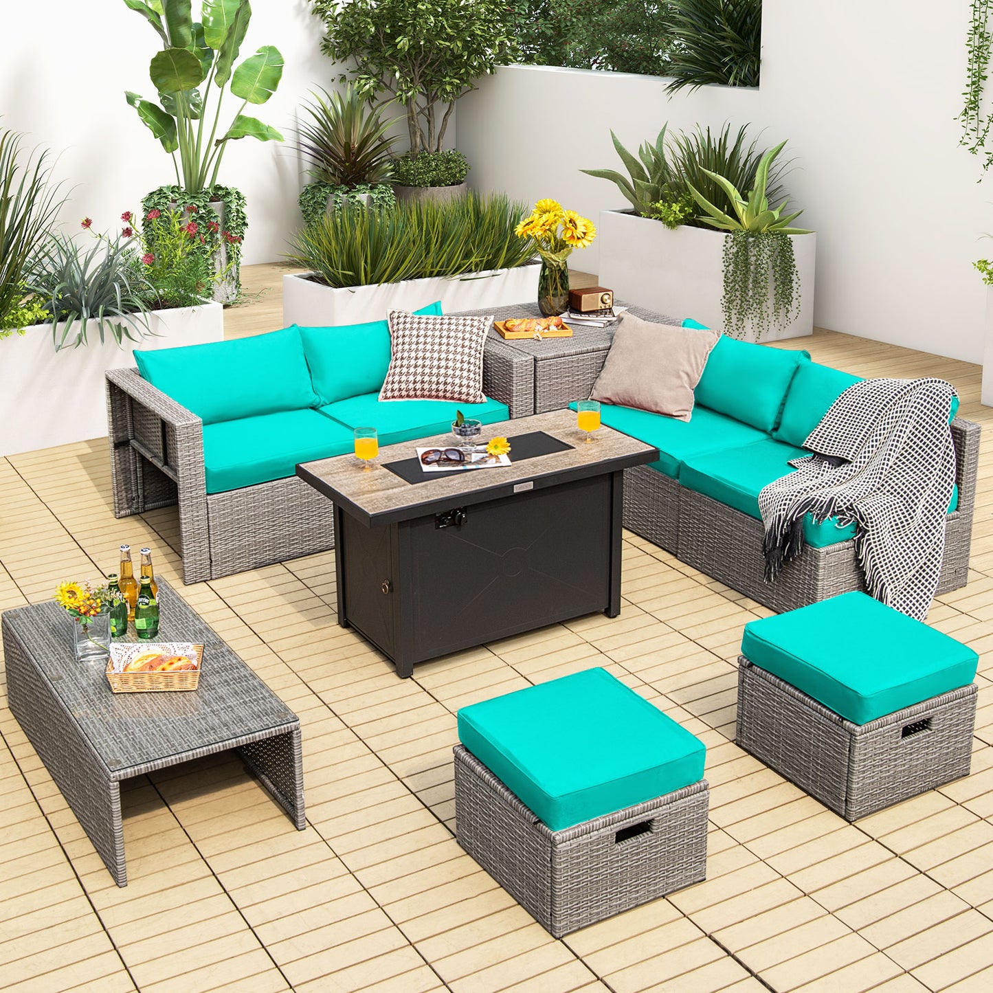 Topbuy 9 PCS Patio Furniture Set with 42'' 60,000 BTU Fire Pit Outdoor Space-Saving Sectional Sofa Set with Storage Box Off White/Turquoise/Red/Navy/Grey/Black