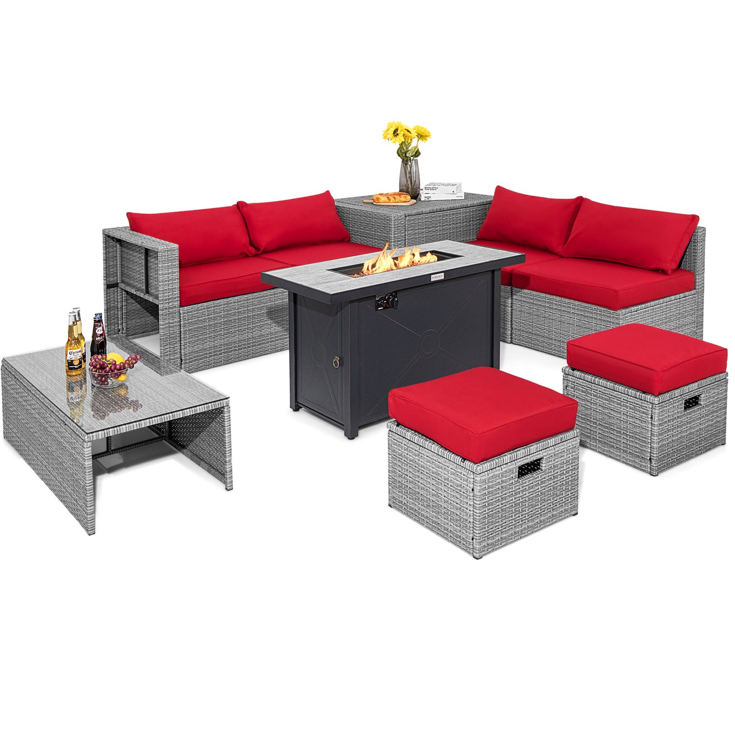 Topbuy 9 PCS Patio Furniture Set with 42'' 60,000 BTU Fire Pit Outdoor Space-Saving Sectional Sofa Set with Storage Box Off White/Turquoise/Red/Navy/Grey/Black