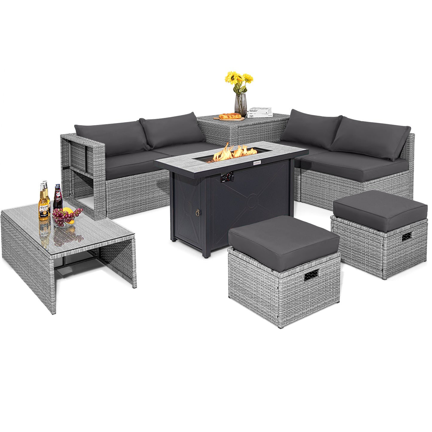 Topbuy 9 PCS Patio Furniture Set with 42'' 60,000 BTU Fire Pit Outdoor Space-Saving Sectional Sofa Set with Storage Box Off White/Turquoise/Red/Navy/Grey/Black