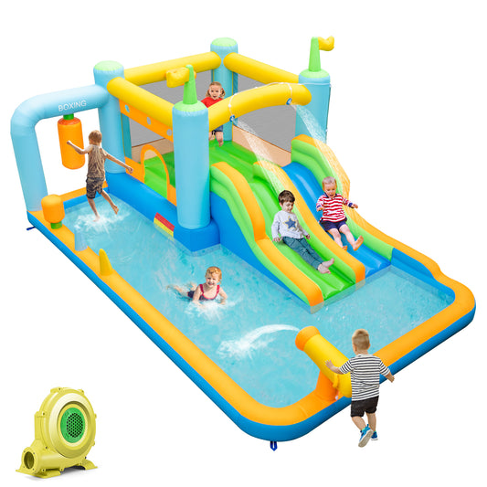 Topbuy Inflatable Water Slide Park Giant Bounce House with Double Long Slides Boxing Splash Pool Jumping Area w/735W Blower