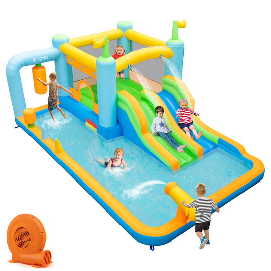 Topbuy Inflatable Water Slide Park Giant Bounce House with Double Long Slides Boxing Splash Pool Jumping Area w/750W Blower